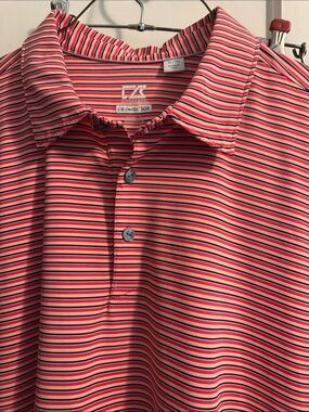 Cutter & Buck Coral and Navy Striped Performance Polo